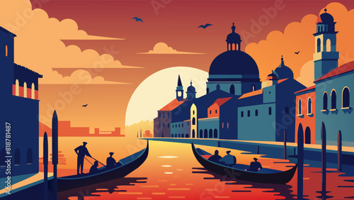Sunset Silhouette of Venice with Gondolas and Historic Architecture