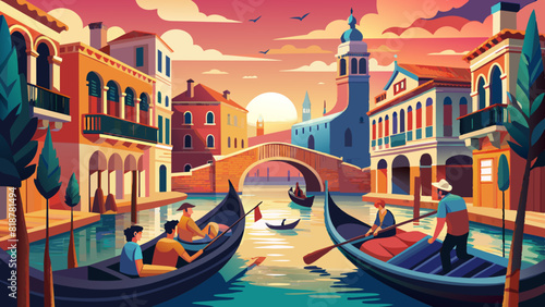 Venetian Sunset: Gondolas Gliding Through Serene Canals