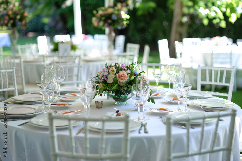 A table with white chairs and a vase of flowers in the center. The table is set for a special occasion, with multiple wine glasses and utensils. Scene is elegant and sophisticated