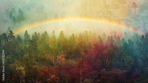 A colorful rainbow over a forest landscape panorama