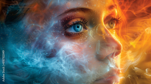 A surreal digital artwork featuring a close-up of a woman's face with one eye blue and the other eye orange. The background is a blend of blue and orange smoke and stars