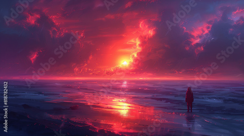 A person stands on a reflective, wet surface, gazing at a vibrant, colorful sunset with dramatic clouds in the sky. The scene is surreal and dreamlike, with intense reds, pinks, and purples 