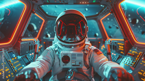 Close-up of astronaut sitting in spaceship cockpit , Deep space exploration journey concept