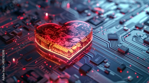 Heart shaped electronic platform computer cube core chip on circuit board background, 3D render photo