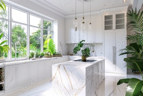 Modern white minimalistic kitchen interior details. Stylish white sink near mandarins High-resolution. Beautiful simple AI generated image in 4K, unique.