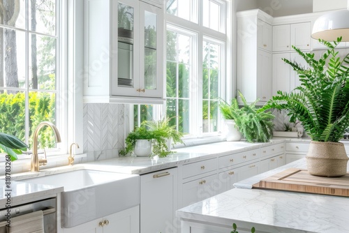 Modern white minimalistic kitchen interior details. Stylish white sink near mandarins High-resolution. Beautiful simple AI generated image in 4K  unique.