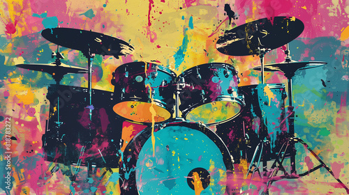 colorful grunge graffiti art with jazz rock music band street art with drums musical instrument