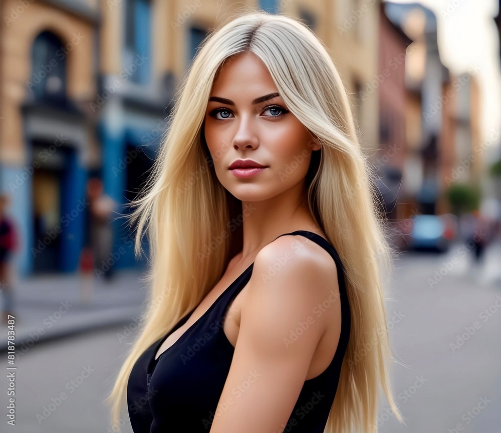 Chic blonde top model with delightful makeup and very beautiful figure poses in front of the camera.