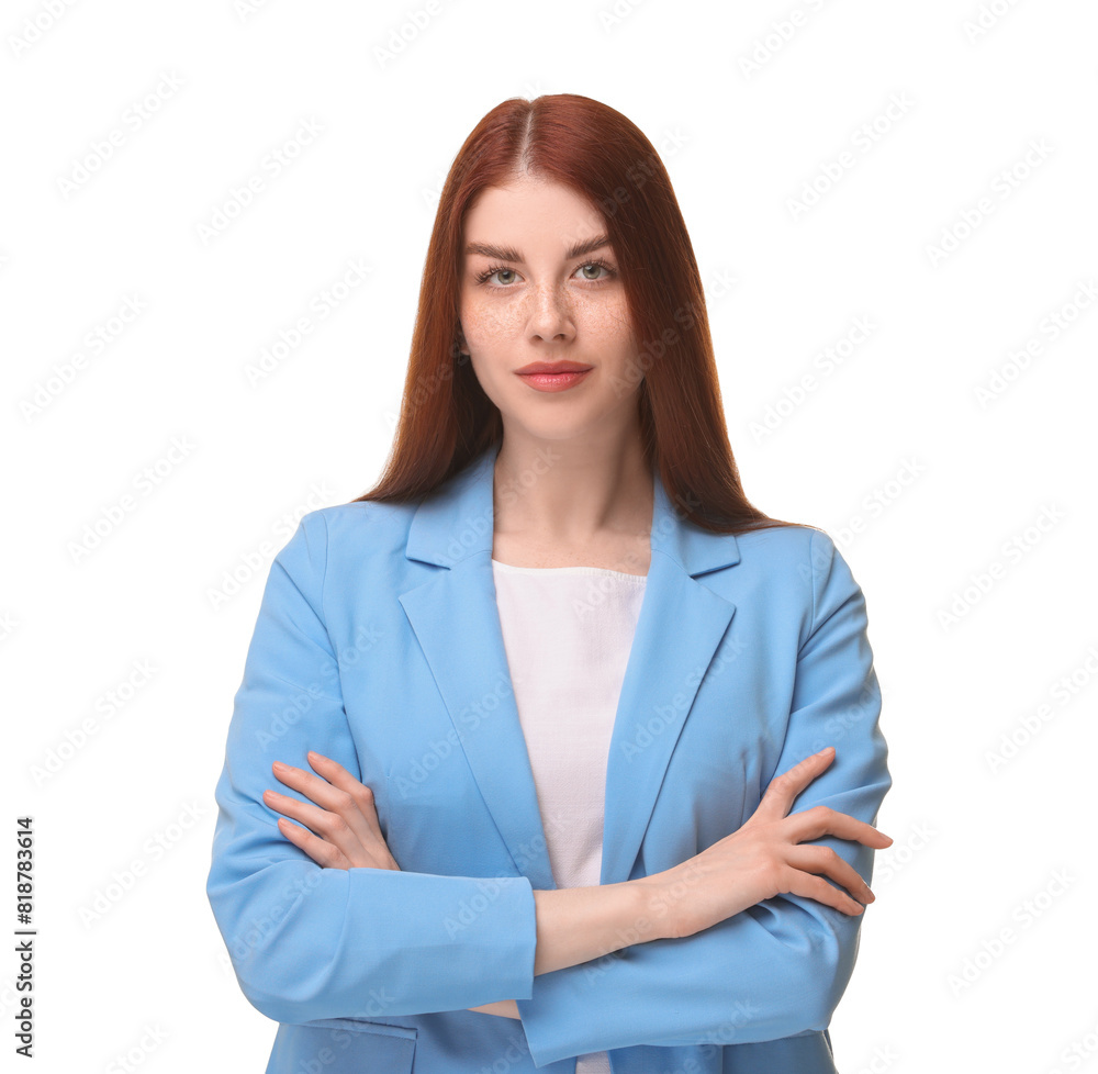 Portrait of beautiful businesswoman with crossed arms on white background Portrait of beautiful businesswoman with crossed arms on white background