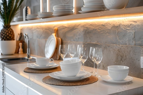 Modern white minimalistic kitchen interior details. Stylish white sink near mandarins High-resolution. Beautiful simple AI generated image in 4K, unique. photo