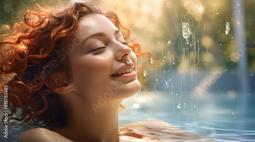 Beautiful woman smiles and floats in the pool on a sunny day. Generative AI.
