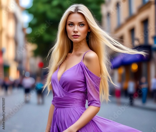 Chic blonde top model with delightful makeup and very beautiful figure poses in front of the camera. © nm737