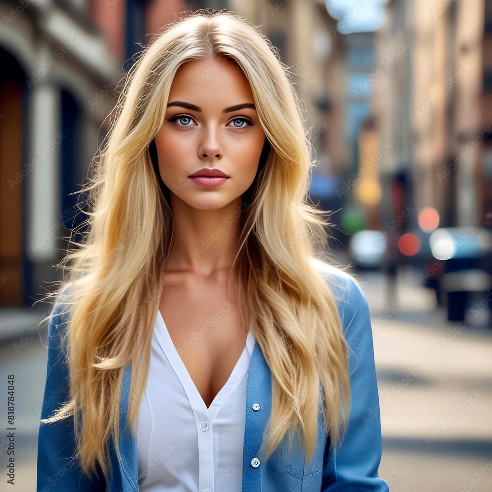 Chic blonde top model with delightful makeup and very beautiful figure poses in front of the camera. Chic blonde top model with delightful makeup and very beautiful figure poses in front of the camera.