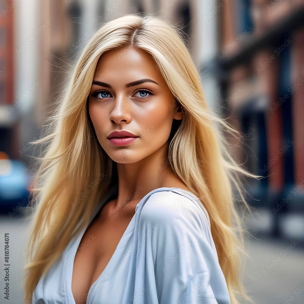 Chic blonde top model with delightful makeup and very beautiful figure poses in front of the camera. Chic blonde top model with delightful makeup and very beautiful figure poses in front of the camera.
