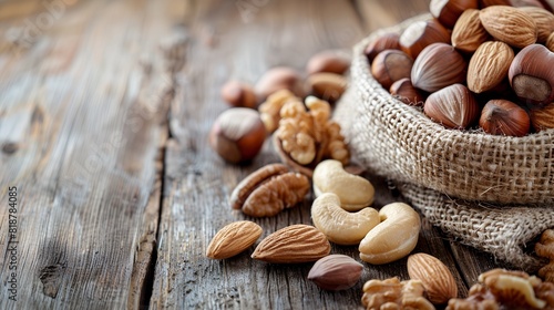 Variety of nuts on a wooden background. almonds, cashews, hazelnuts and walnuts