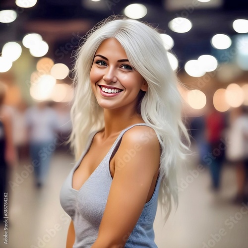 Chic blonde top model with delightful makeup and very beautiful figure poses in front of the camera.
