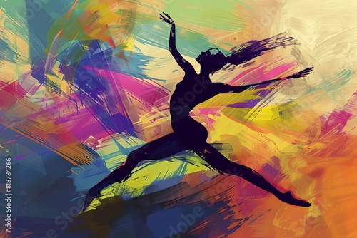 dancer dance leap graceful colorful abstract brushstrokes geometric shapes movement motion modern art concept expressive dynamic 