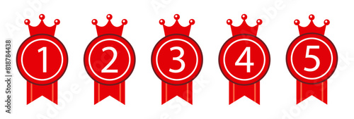 Ranking medal vector icon set. Set of 1, 2, 3, 4, 5 winner rank number. 1st place to 5th place red medal ranking vector illustration. Crown ranking illustration set in red color.