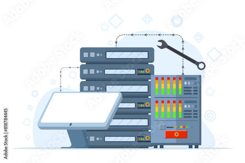 hardware and software maintenance concept, People working on problem location, technical support. Can be used for websites and mobile websites or landing pages. Easy to edit and customize.