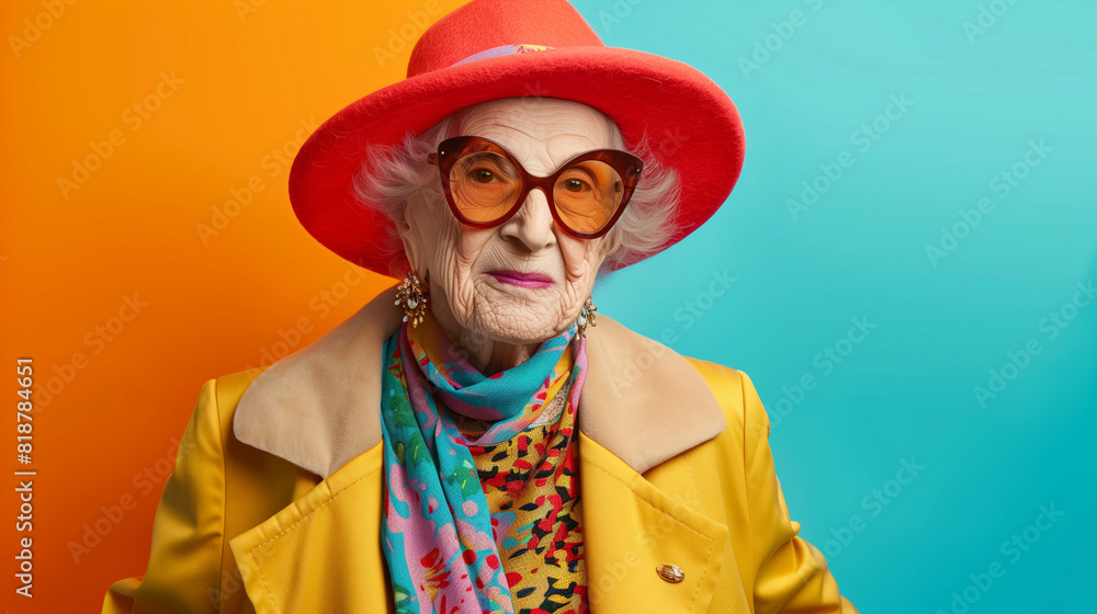 Old Woman in Red Hat and Glasses. Funny Grandmother