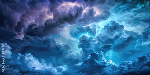 A dark lightning and thunder storm in the clouds, athmospheric wallpaper or background photo