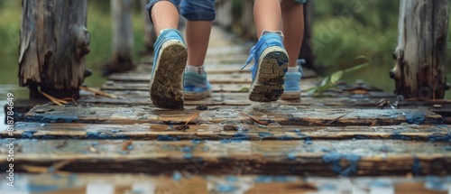 Two children are walking on a bridge with their feet in the water