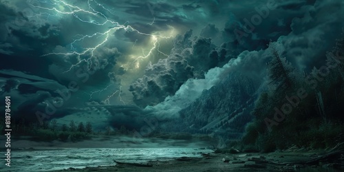 A dark lightning storm over a natural landscape photo