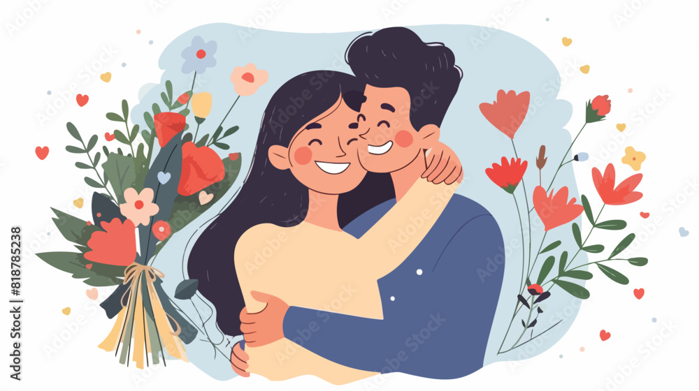Boy hugging girl holding bouquet. Cute romantic couple