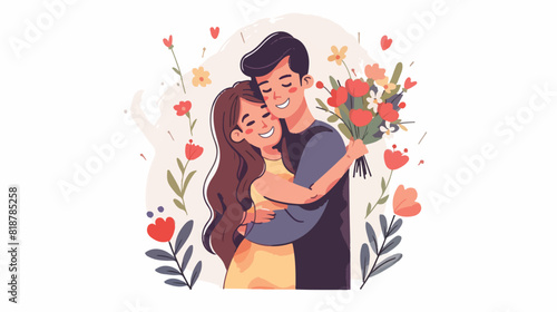 Boy hugging girl holding bouquet. Cute romantic couple