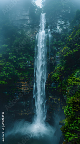 Waterfall with fog in the middle of idyllic nature  with orange tones on the rocks  nature and leaf concept  forest background concept  green plants  landscape concept