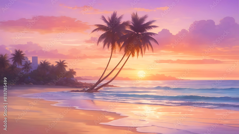 erene Beach Sunset Waves, Palms, and Colorful Sky erene Beach Sunset Waves, Palms, and Colorful Sky