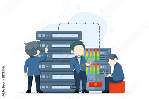 hardware and software maintenance concept, People working on problem location, technical support. Can be used for websites and mobile websites or landing pages. Easy to edit and customize.