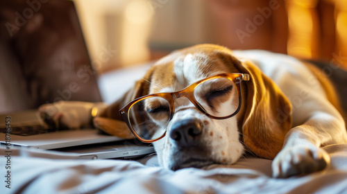 Sleepy Beagle Dog Wearing Glasses Relaxing on Bed With Laptop