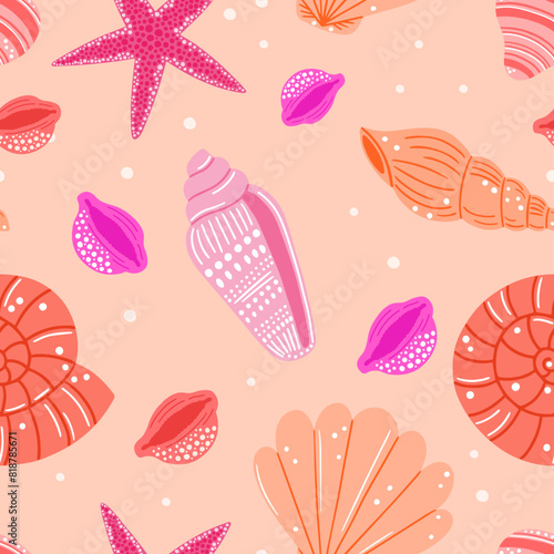 Bright seamless seashell pattern. Summer pattern template, vector illustration
