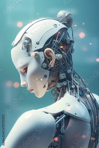 Side view of a woman with a cybernetic body and head showcasing futuristic technology