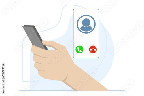 Incoming call concept. phone with incoming call screen. Hand holding mobile phone, finger touch screen. Accept or reject call concept. Modern concept. Flat design vector illustration.