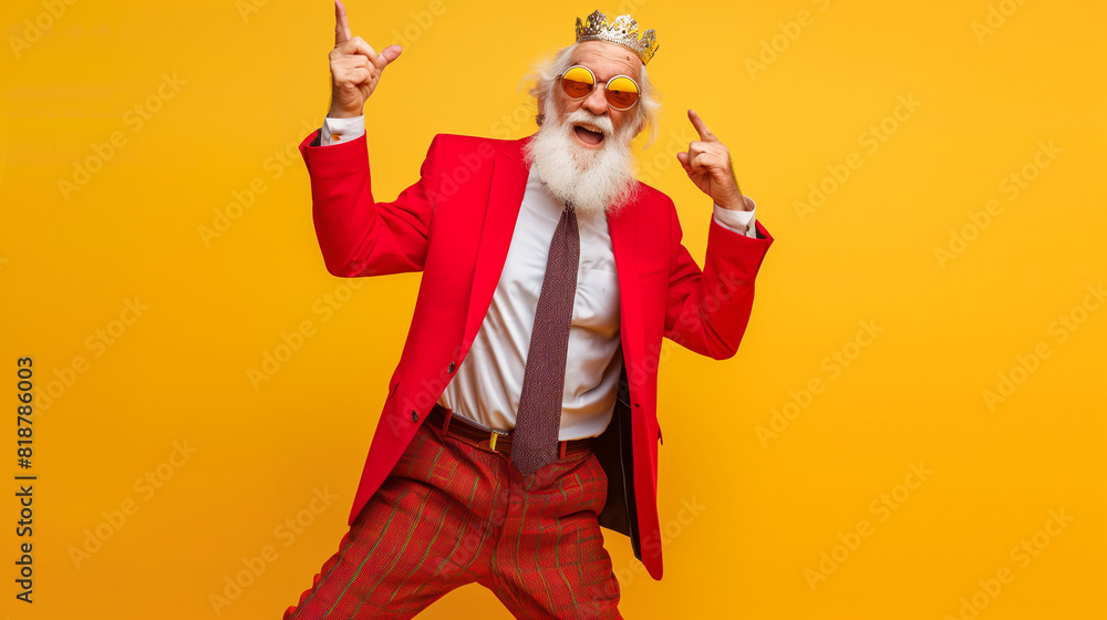 Photo of Man in Red Suit With Crown. Advertising Promotion Banner with copy space. Photo of Man in Red Suit With Crown. Advertising Promotion Banner with copy space.