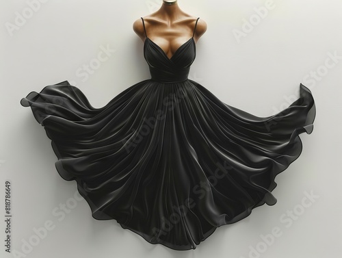 A black dress hanging on a white background.