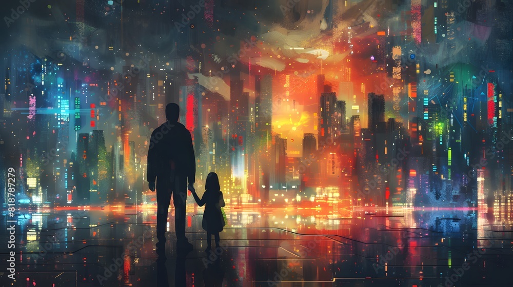 Silhouetted father and child hold hands while gazing at a vibrant, neon-lit cityscape, creating a futuristic and reflective scene. Silhouetted father and child hold hands while gazing at a vibrant, neon-lit cityscape, creating a futuristic and reflective scene.