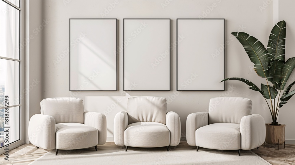 Fototapeta premium Three Poster Frame Mockup hang on white wall in modern minimalist living room with white couch and green plant