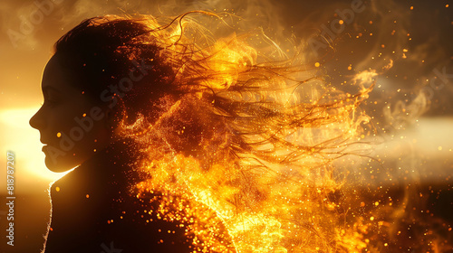 Silhouette of a woman with flowing hair blending into fiery sparks and flames, set against a sunset background.
