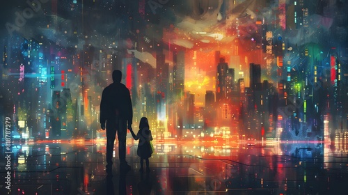 Silhouetted father and child hold hands while gazing at a vibrant, neon-lit cityscape, creating a futuristic and reflective scene. photo