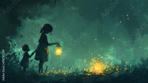 Two children explore a dark forest at night  holding a glowing lantern that illuminates their path with a warm light.