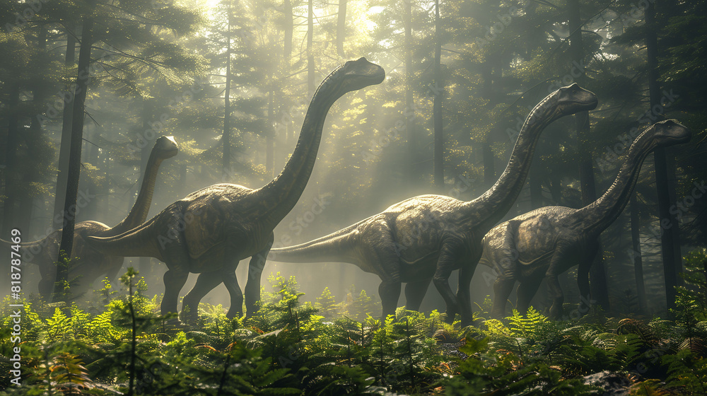 Fototapeta premium A group of long-necked dinosaurs walking through a dense, misty forest with sunlight filtering through the trees.