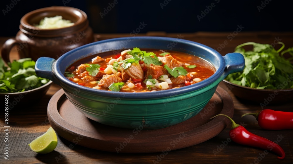 Authentic mexican pozole with traditional garnishes served on blue plate on rustic wooden table Authentic mexican pozole with traditional garnishes served on blue plate on rustic wooden table
