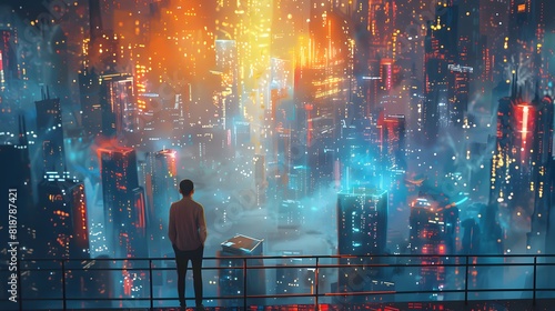 A man stands on a balcony, overlooking a vibrant, futuristic cityscape illuminated by neon lights and enveloped in a misty atmosphere. photo