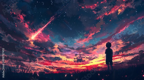 A child gazes at a shooting star amidst a vibrant, colorful twilight sky filled with stars and dramatic clouds.