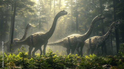 A group of long-necked dinosaurs walking through a dense, misty forest with sunlight filtering through the trees.