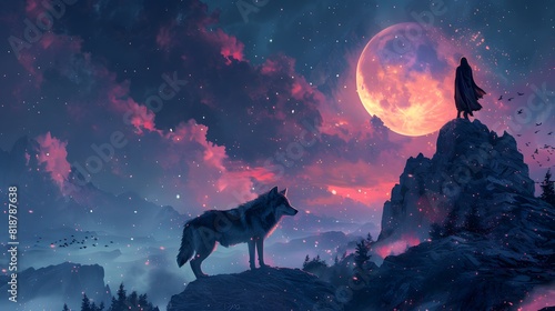 A lone wolf and a cloaked figure stand on separate rocky peaks, illuminated by a vibrant full moon in a mystical night sky. photo