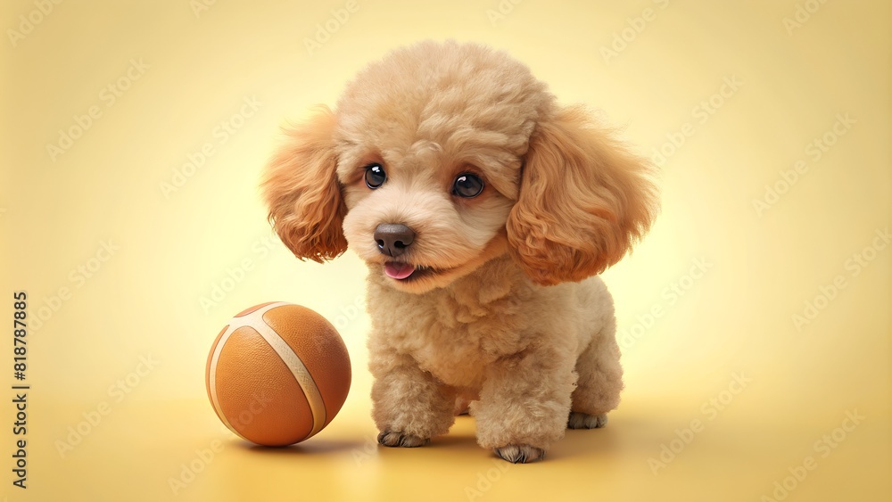 Poodle puppy smile cute pet with basketball ball on light yellow background Poodle puppy smile cute pet with basketball ball on light yellow background